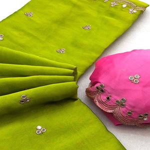 Green Mirror Embroidery Work Georgette Saree