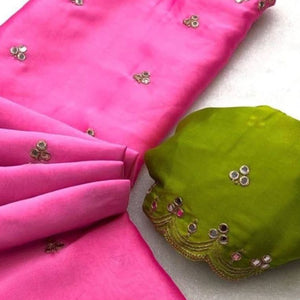 Pink Mirror Embroidery Work Georgette Saree