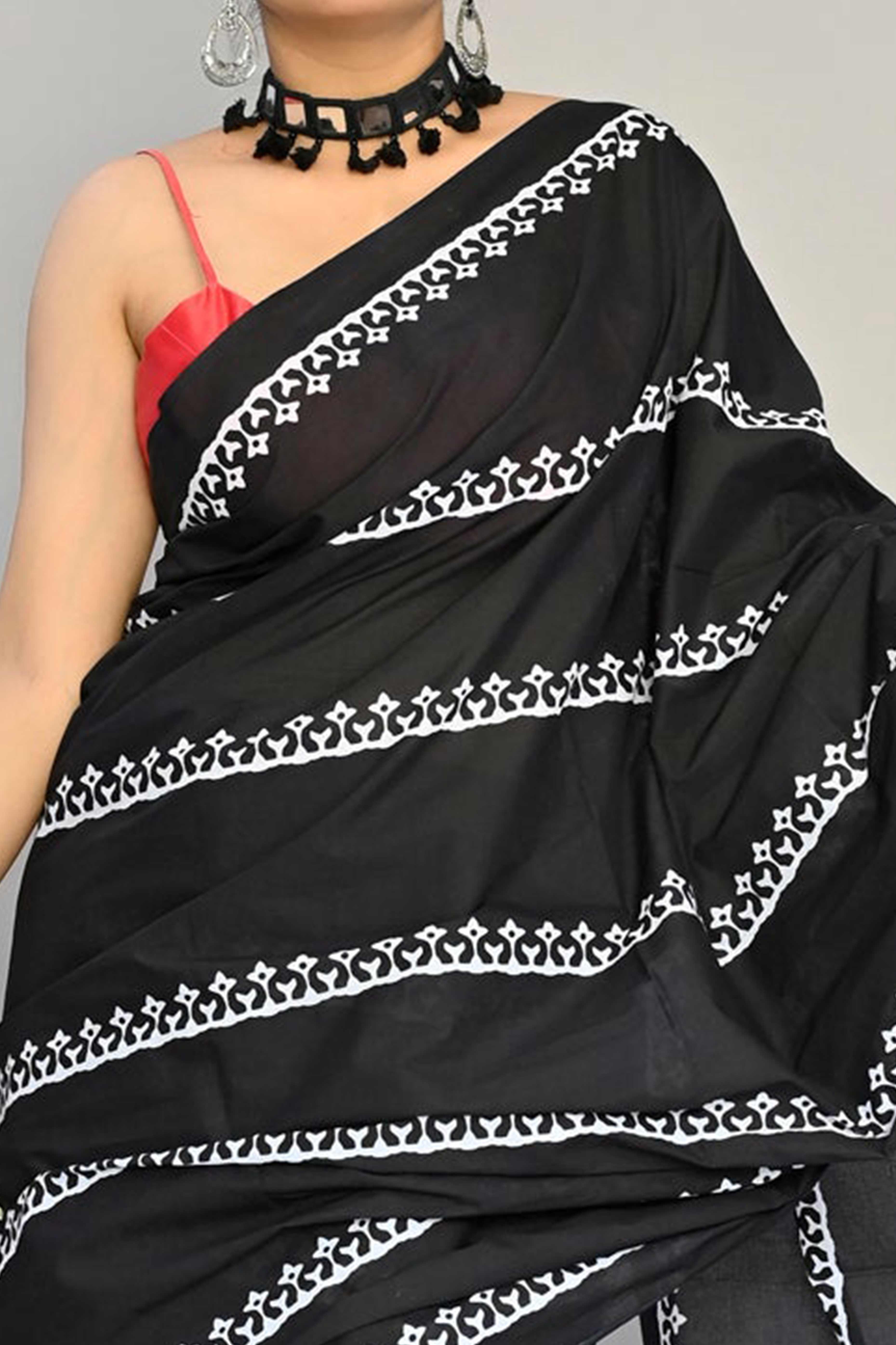 Black Striped Printed Linen Saree