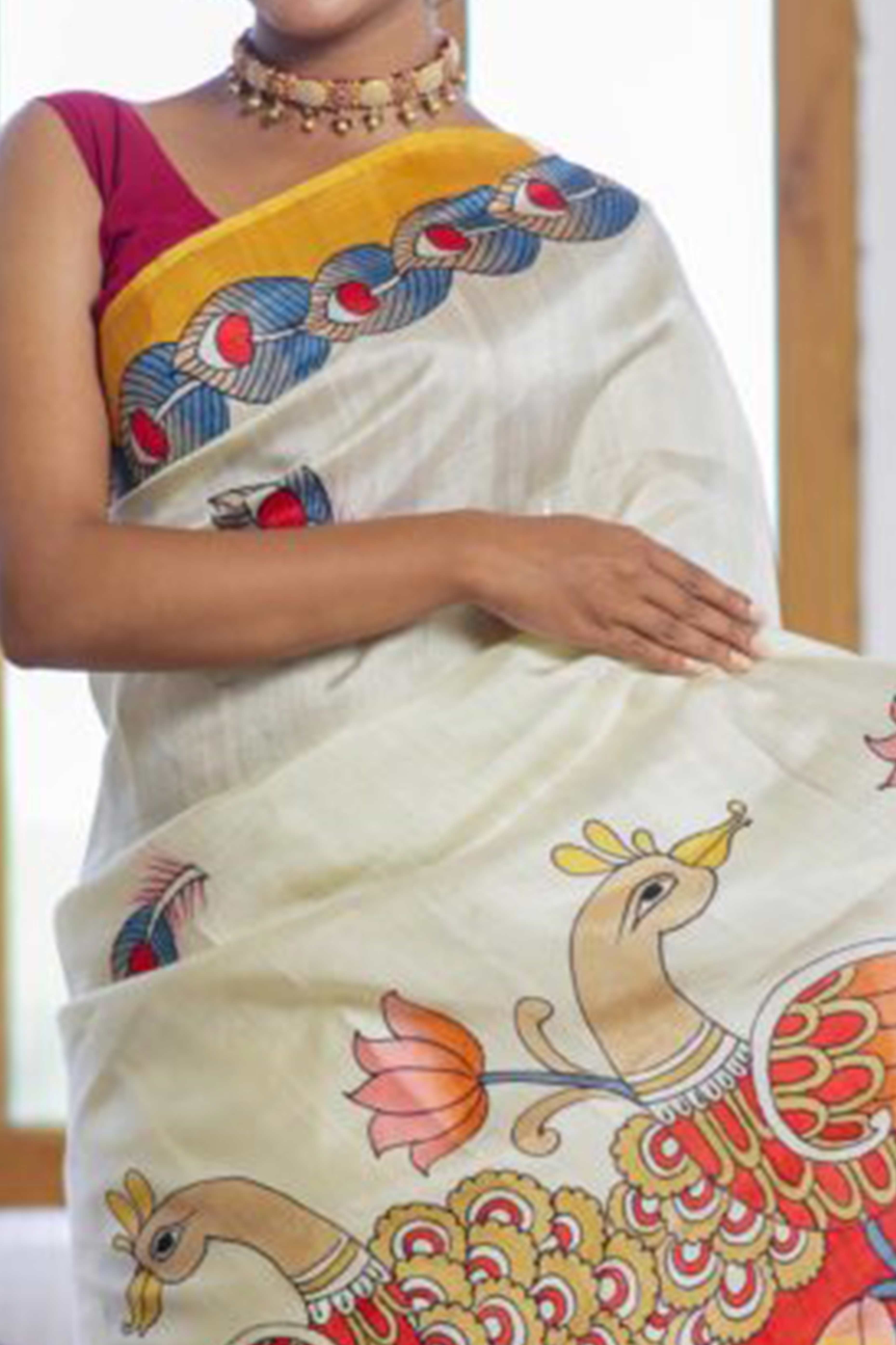 Off White Kalamkari Printed Linen Saree