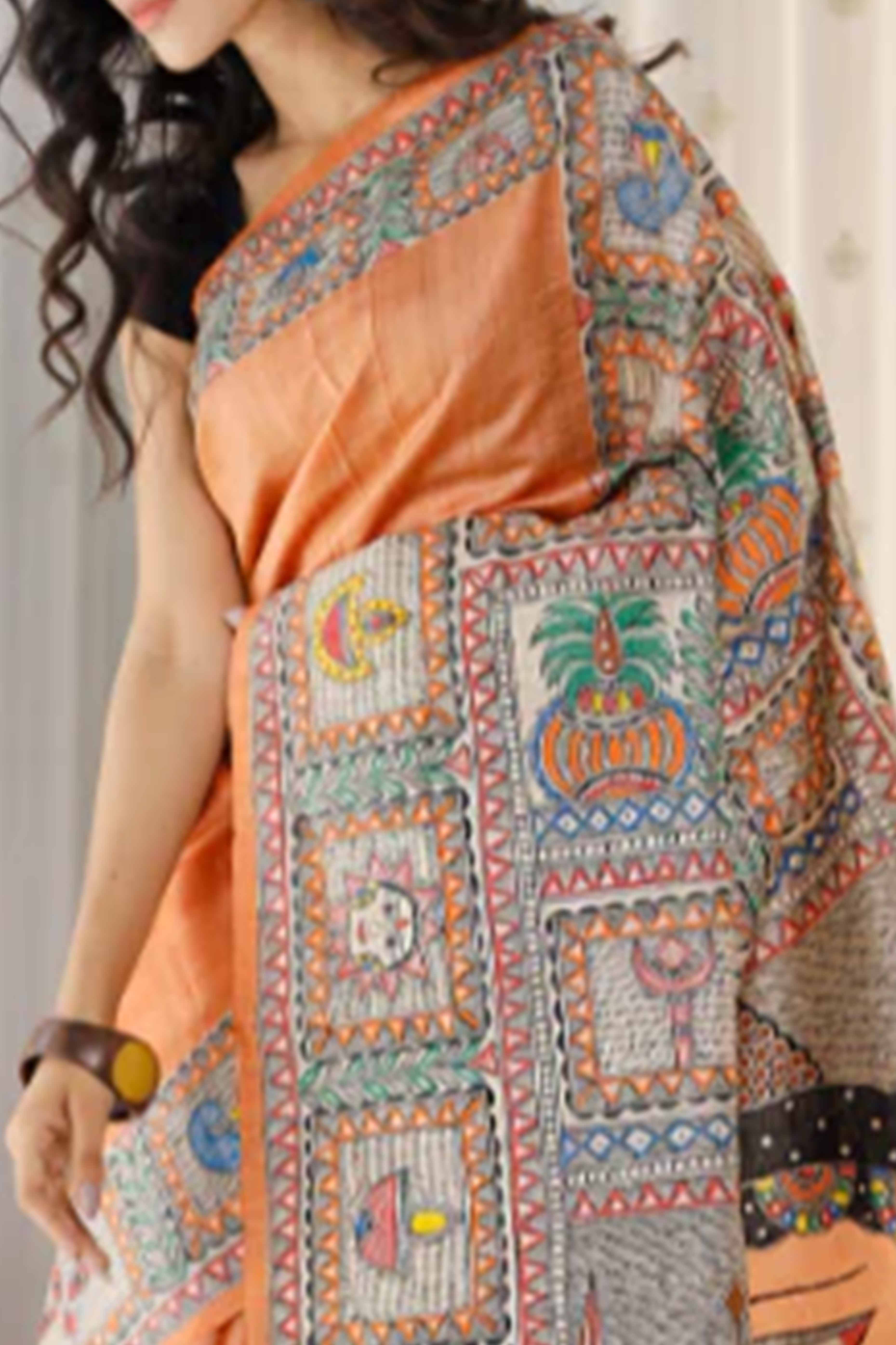 Peach Kalamkari Printed Linen Saree