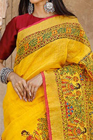 Yellow Kalamkari Printed Linen Saree