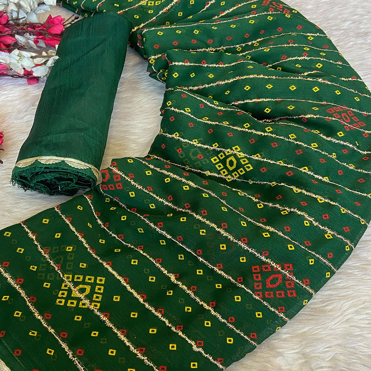 Green Bandhani Printed Chiffon Saree with Graceful Touches of Zari Work