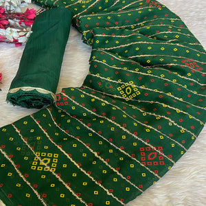 Green Bandhani Printed Chiffon Saree with Graceful Touches of Zari Work
