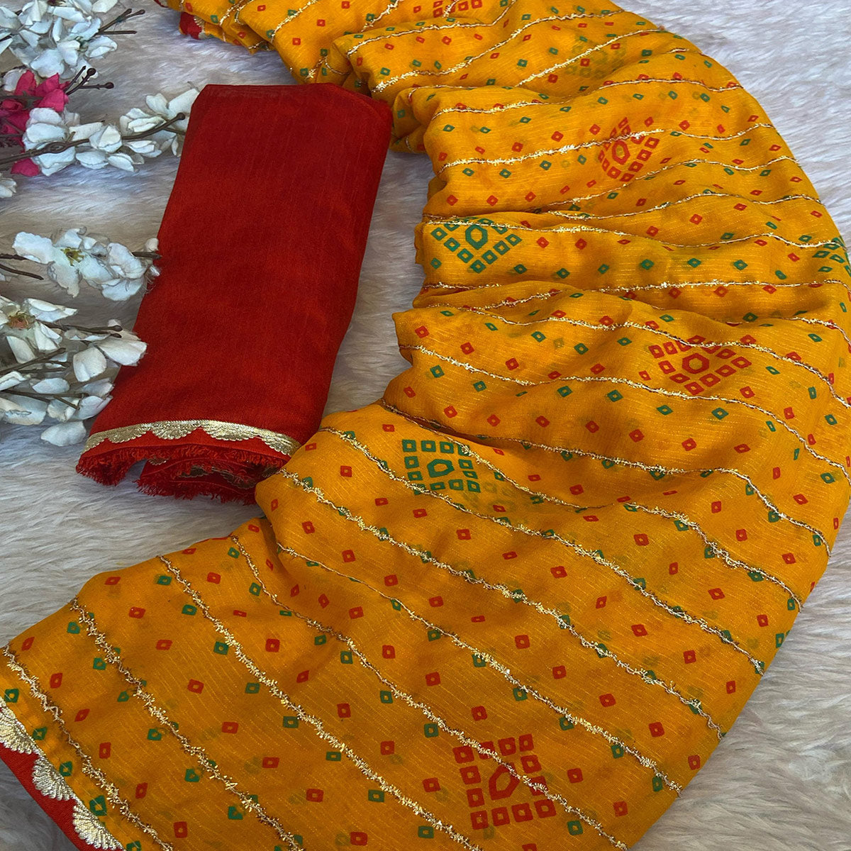 Mustard Bandhani Printed Chiffon Saree with Graceful Touches of Zari Work