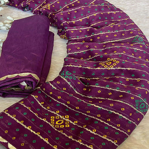 Purple Bandhani Printed Chiffon Saree with Graceful Touches of Zari Work