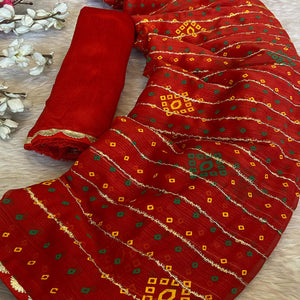 Red Bandhani Printed Chiffon Saree with Graceful Touches of Zari Work