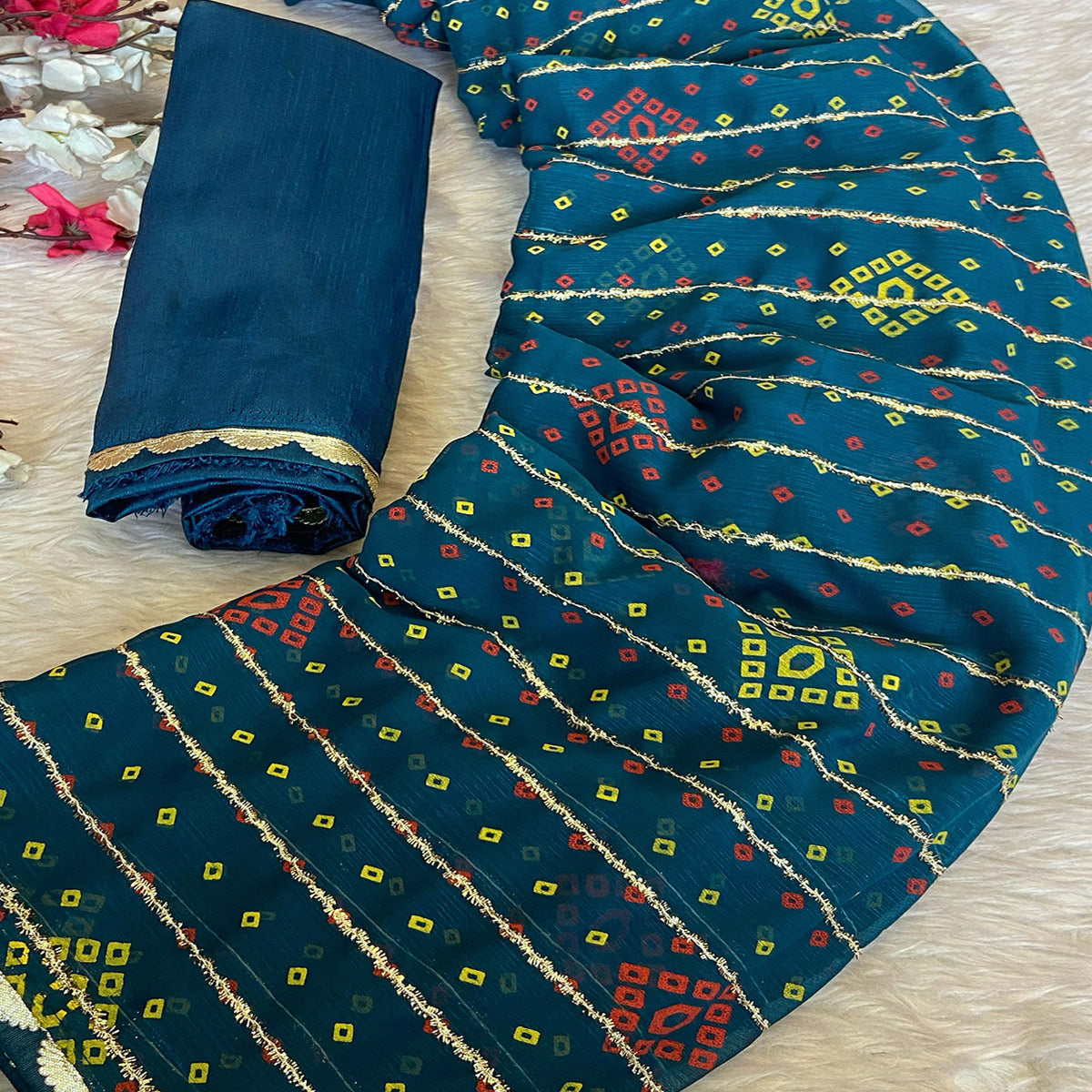 Teal Bandhani Printed Chiffon Saree with Graceful Touches of Zari Work