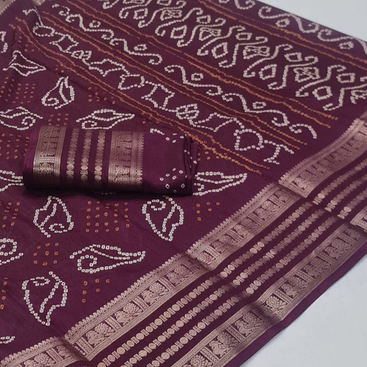 Wine Printed Dola Silk Saree With Zari Border