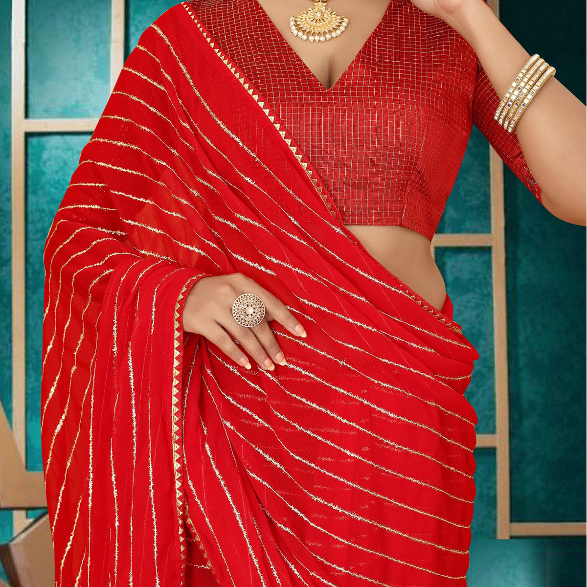 Red Striped Woven Georgette Saree