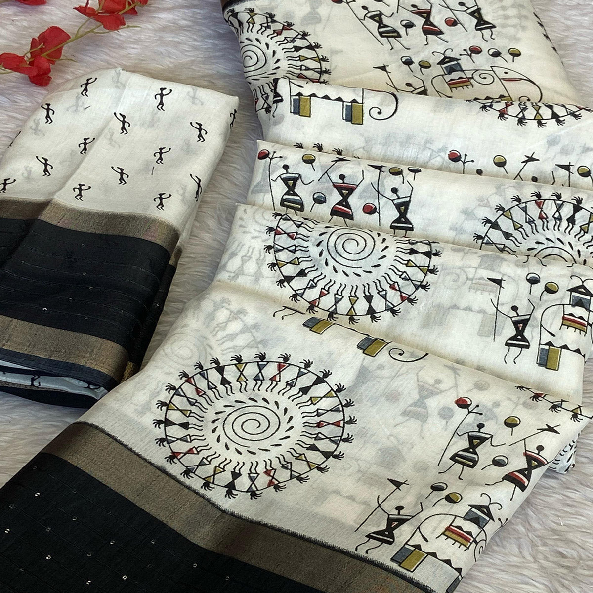 Cream Saree in Dola Silk with Bandhani Print and Shimmering Sequins Edge