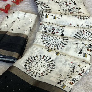 Cream Saree in Dola Silk with Bandhani Print and Shimmering Sequins Edge