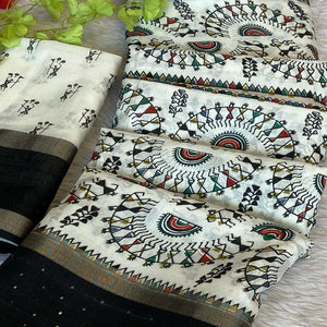 Cream Traditional Warli Print Dola Silk Saree Accented with Sequins Border