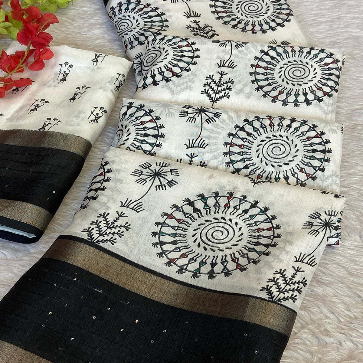 Cream Traditional Warli Print Dola Silk Saree Accented with Sequins Border