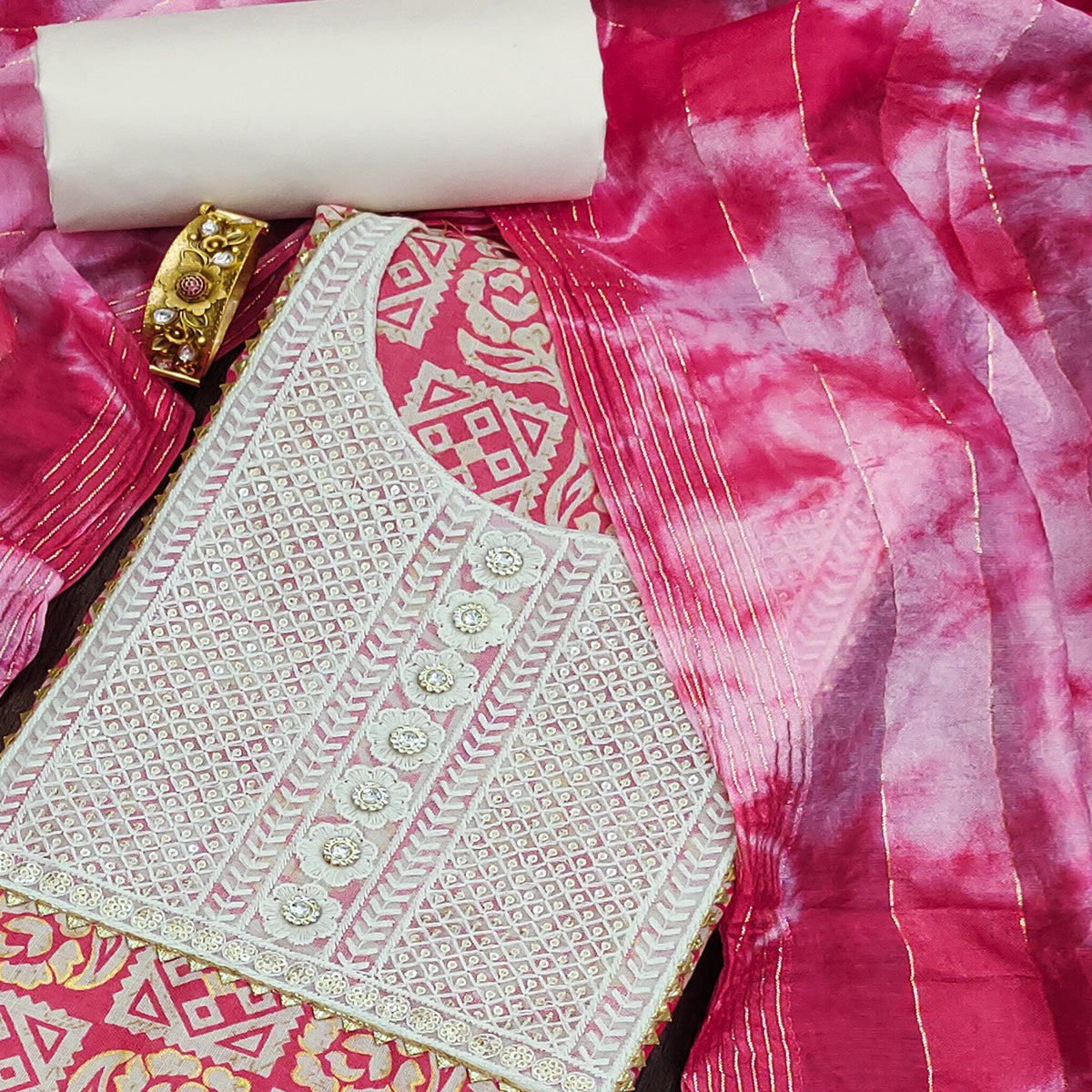Rani Pink Printed With Embroidered Pure Cotton Dress Material