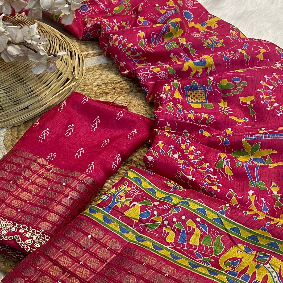 Pink Warli Printed Dola Silk Saree With Sequins Border