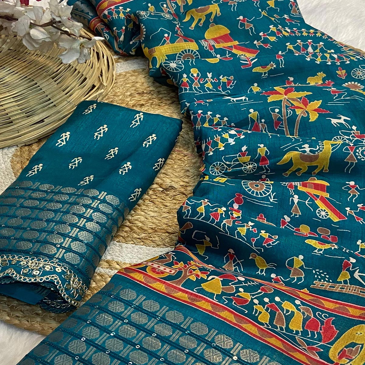 Teal Warli Printed Dola Silk Saree With Sequins Border