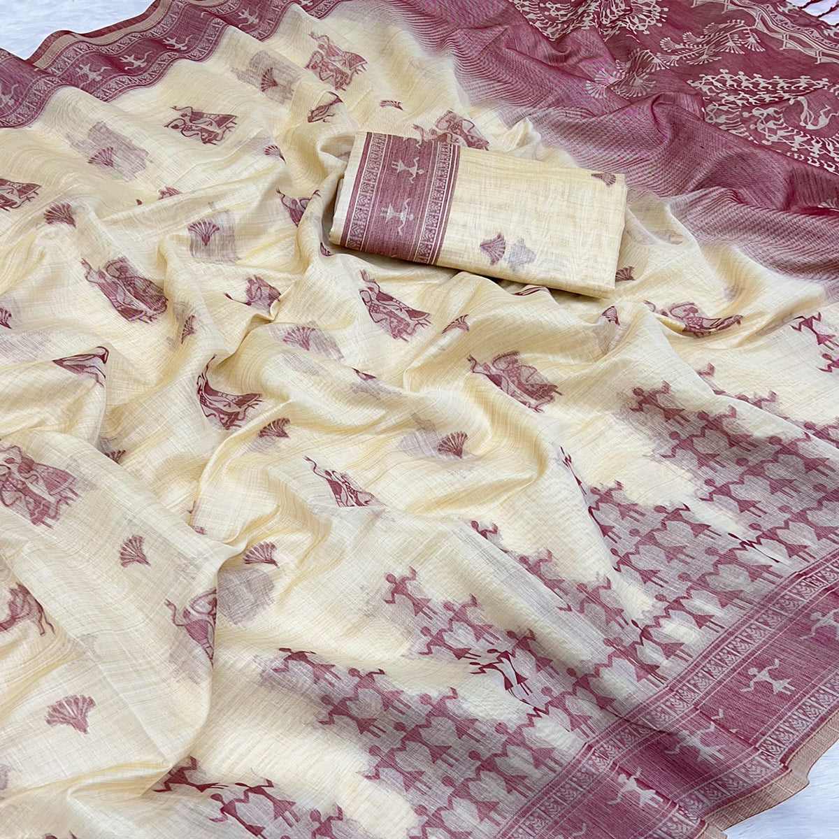 Beige & Wine Meenakari Crafted Soft Muga Cotton Saree Designed for Elegant Festive Styling