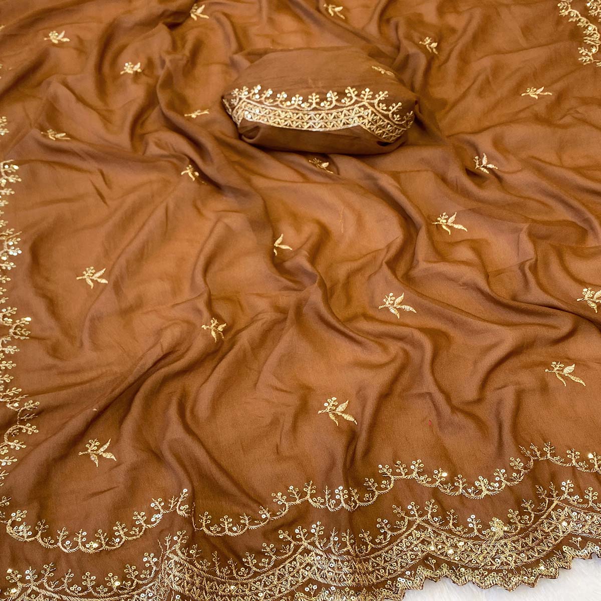 Brown Embroidered Star Georgette Saree Designed for Stylish Party Wear