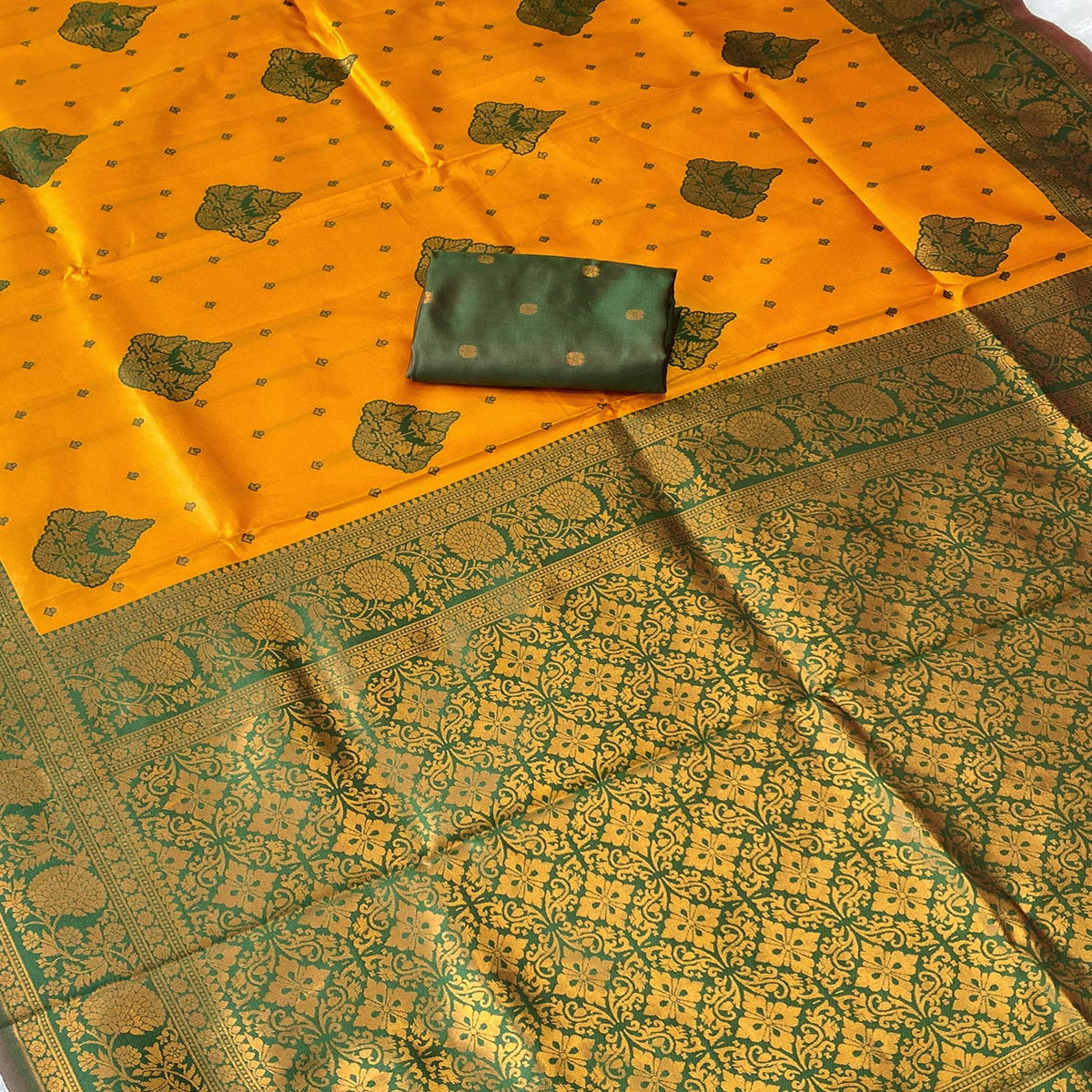 Classic Mustard Zari-Woven Banarasi Silk Saree Ideal for Festive & Traditional Events