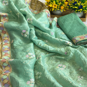 Sea Green Lightweight Tissue Saree with Subtle Yet Elegant Sequins Work