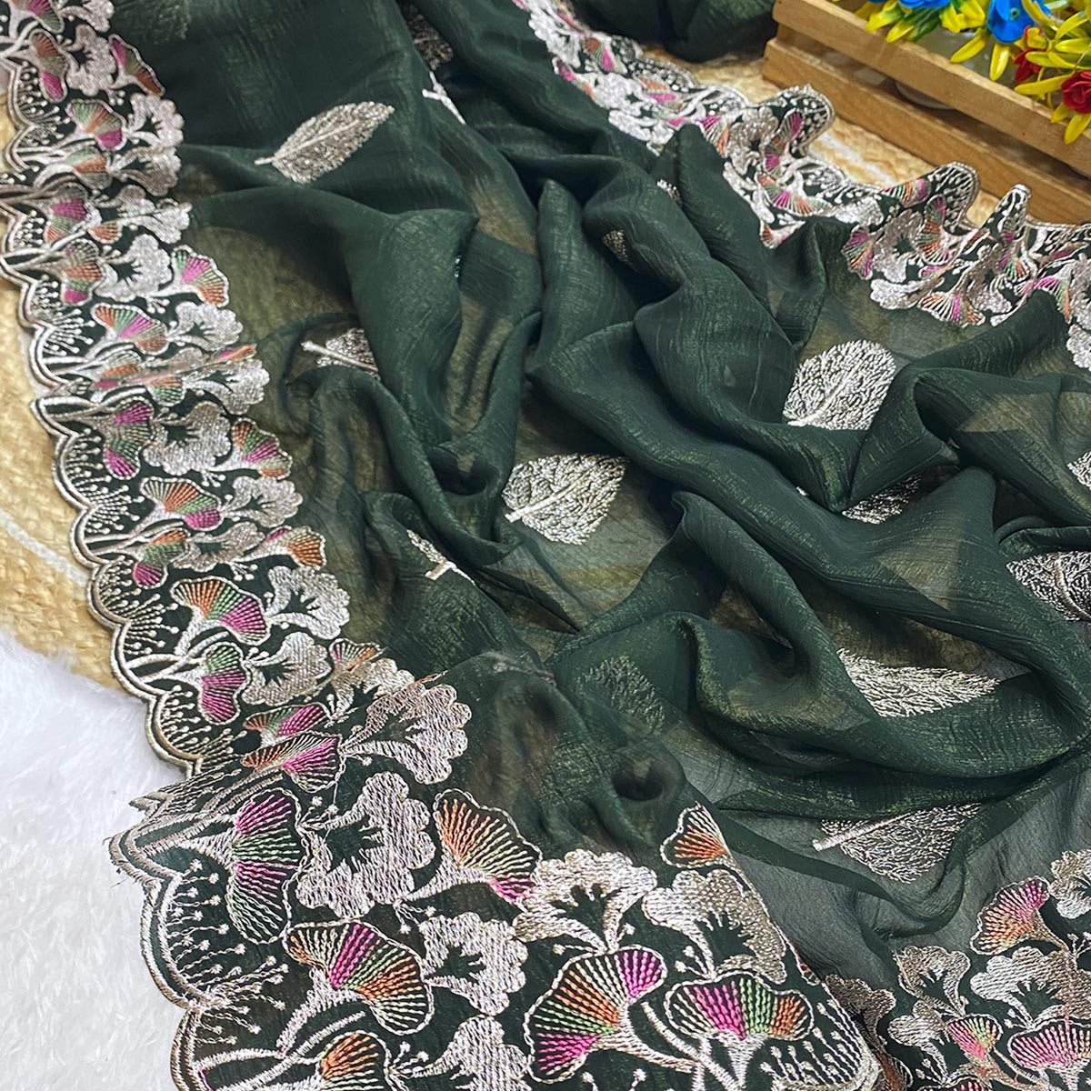 Mehendi Green Floral Embroidered Saree in Crunchy Silk Blend