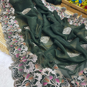 Mehendi Green Floral Embroidered Saree in Crunchy Silk Blend