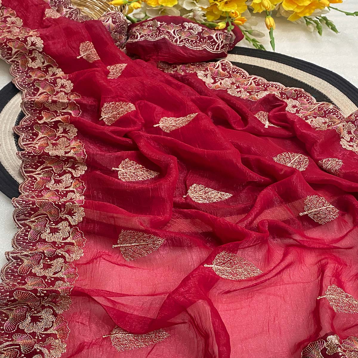 Red Embroidered Thread Work Saree in Flowy Chiffon Silk