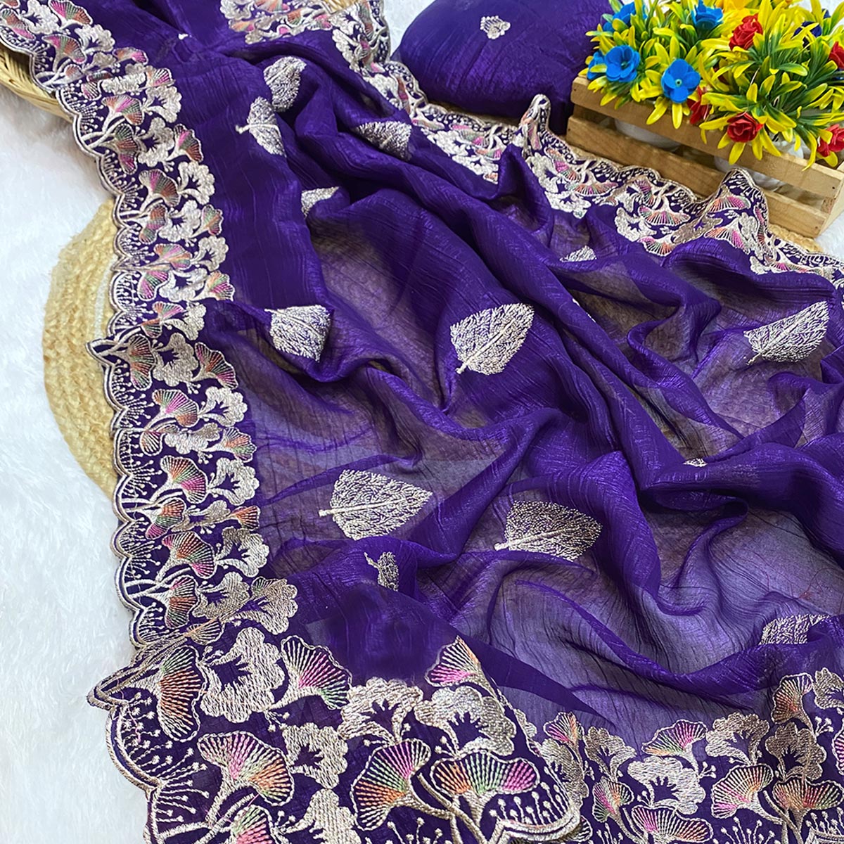 Violet Floral Embroidered Saree in Crunchy Silk Blend