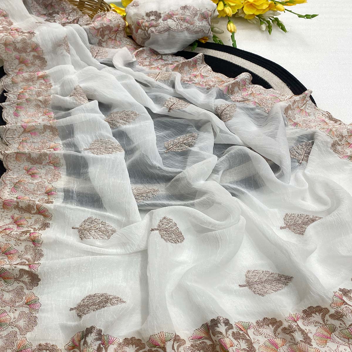 White Embroidered Thread Work Saree in Flowy Chiffon Silk