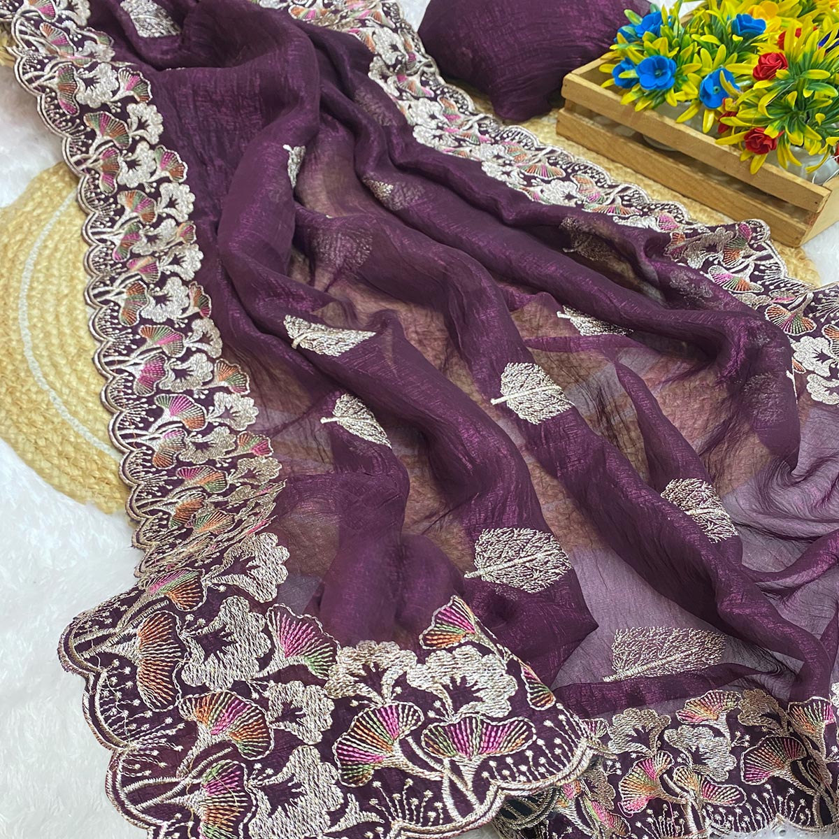Wine Floral Embroidered Saree in Crunchy Silk Blend