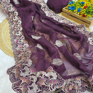 Wine Floral Embroidered Saree in Crunchy Silk Blend