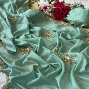 Turquoise Partywear Saree in Crepe with Intricate Stone Work