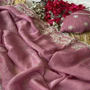Designer Dusty Pink Crunchy Texture Tissue Saree with Embroidered Highlights