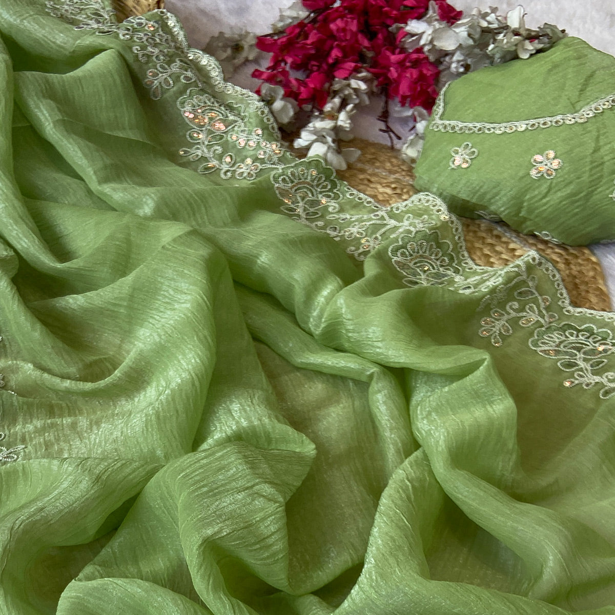 Designer Green Crunchy Texture Tissue Saree with Embroidered Highlights