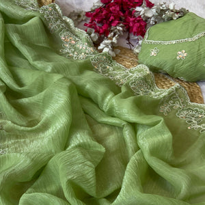 Designer Green Crunchy Texture Tissue Saree with Embroidered Highlights