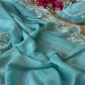 Designer Sea Green Crunchy Texture Tissue Saree with Embroidered Highlights
