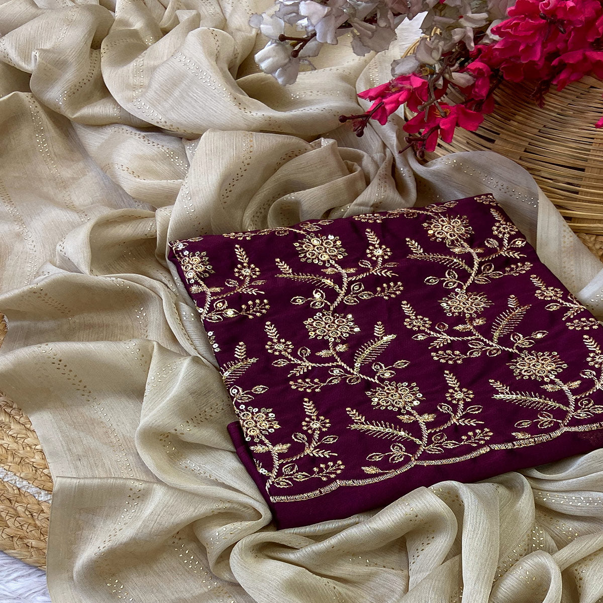 Beige Moss Chiffon Drape with Modern Foil Print Touch