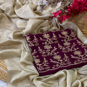 Beige Moss Chiffon Drape with Modern Foil Print Touch