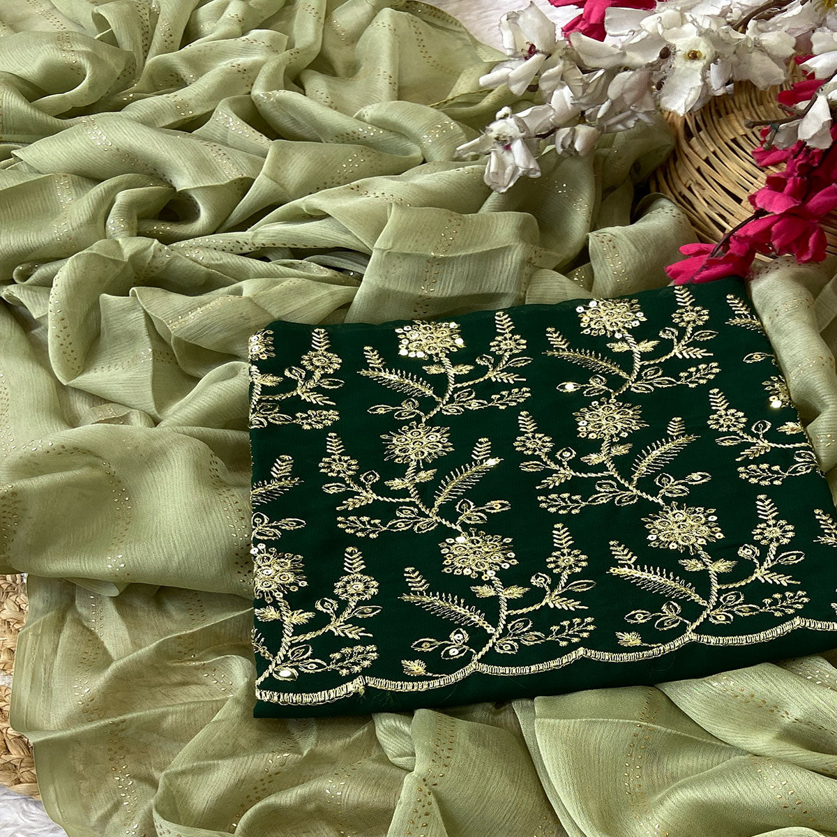 Green Moss Chiffon Drape with Modern Foil Print Touch