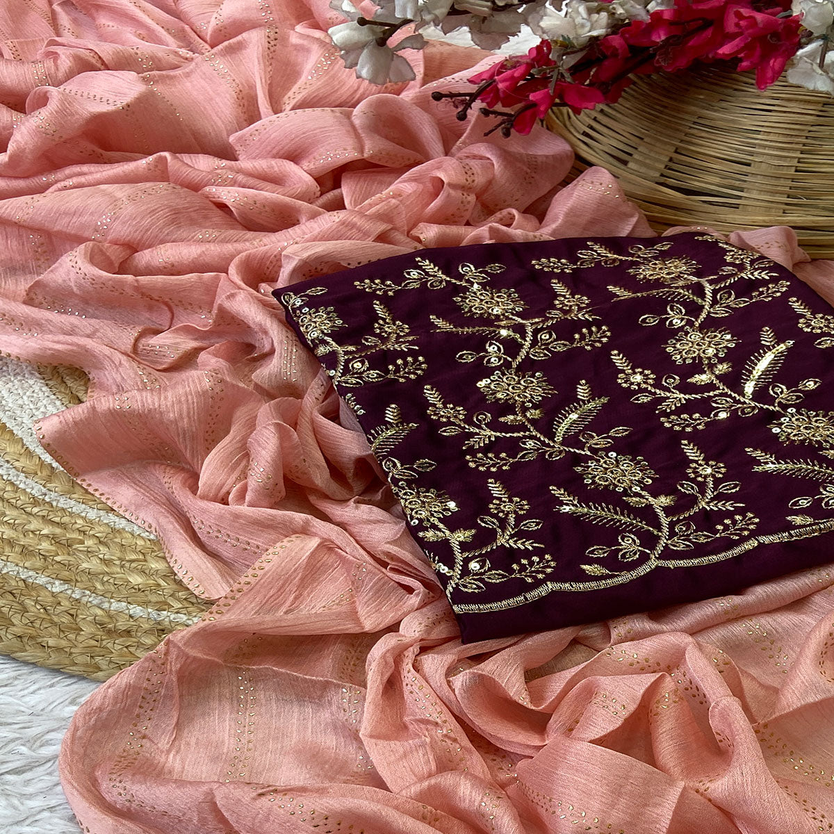 Peach Moss Chiffon Drape with Modern Foil Print Touch