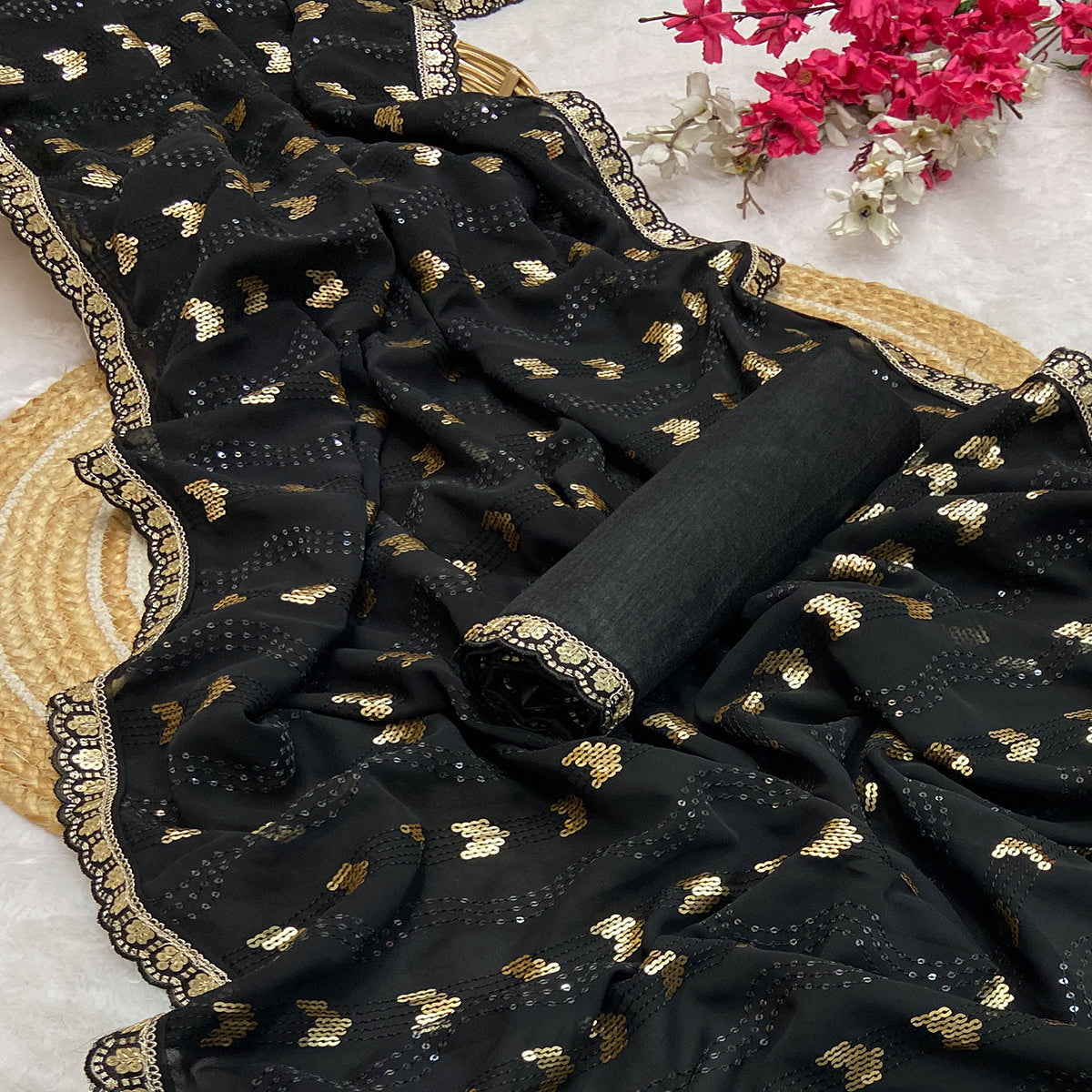 Black Party Saree in Lightweight Georgette with Sequins Embellishment