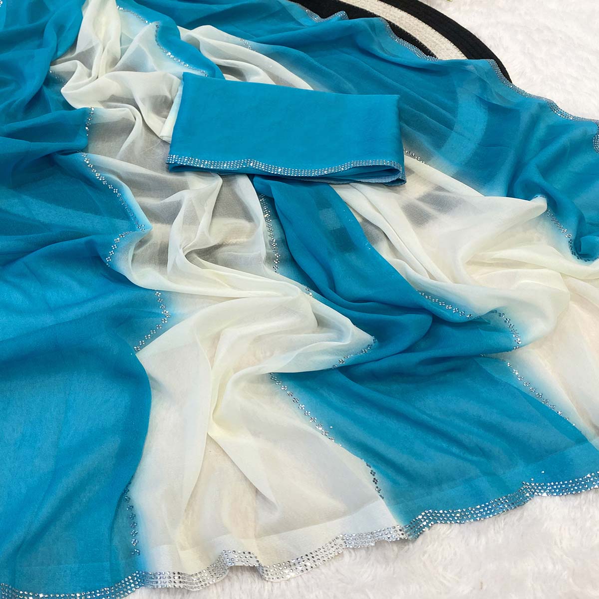Blue Gradient Georgette Saree with Intricate Swarovski Crystal Star Motifs
