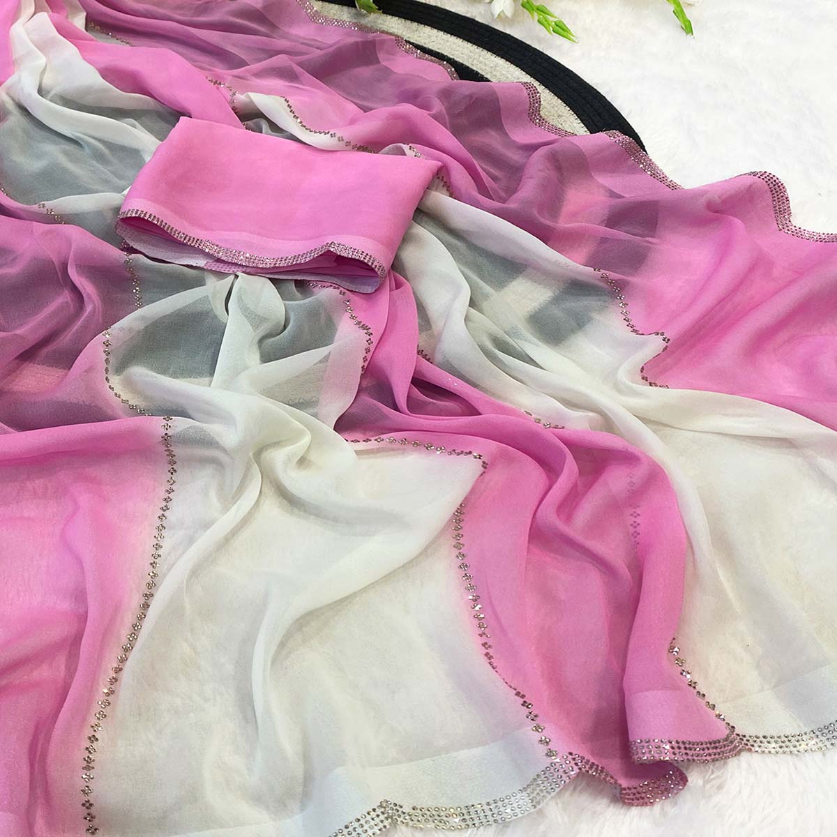 Pink Gradient Georgette Saree with Intricate Swarovski Crystal Star Motifs