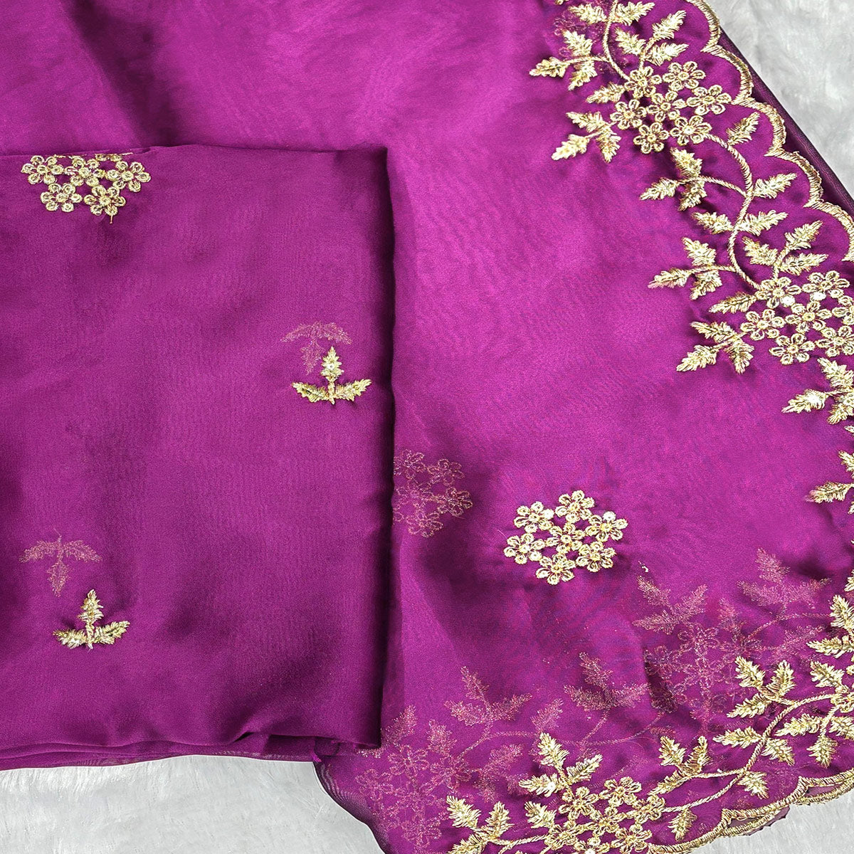 Purple Satin Saree with Intricate Floral Embroidery