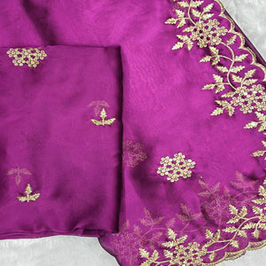 Purple Satin Saree with Intricate Floral Embroidery