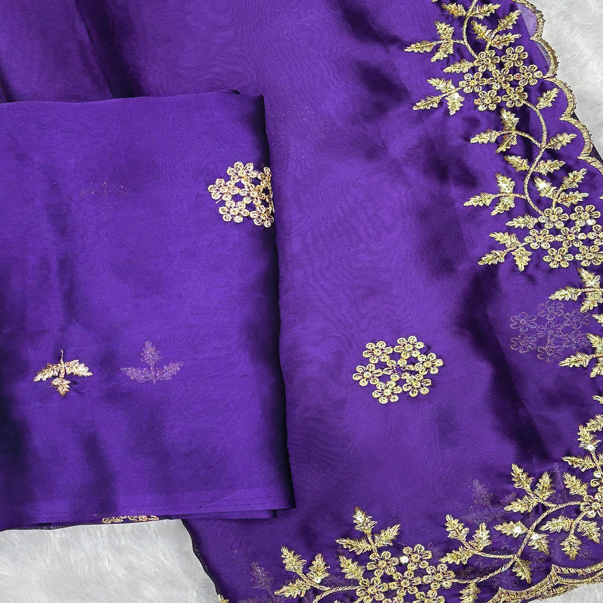 Violet Satin Saree with Intricate Floral Embroidery