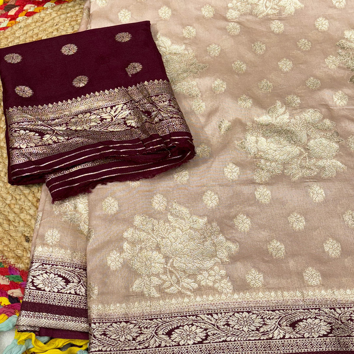 Beige Dola Silk Woven Saree with Allover Zari Butti Design
