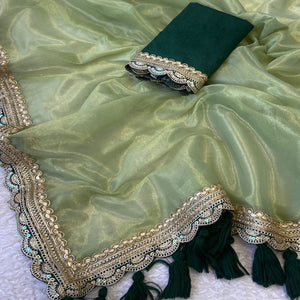 Pista Green Net Saree With Intricate Sequin Embroidery & Tassel Embellished Pallu