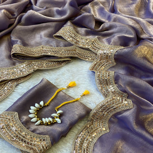 Lavender Solid Chiffon Saree Accented with Embellished Border